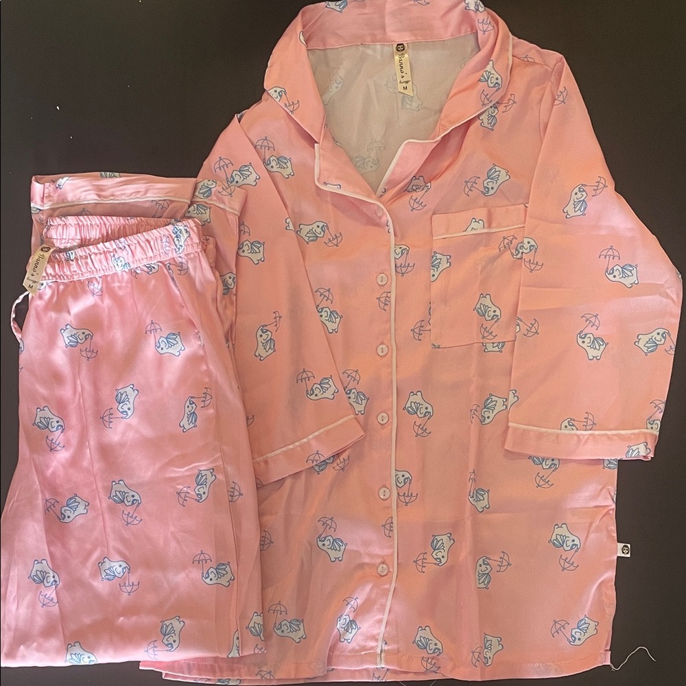 Pink Satin Women’s Pajamas Set with Cartoon Print